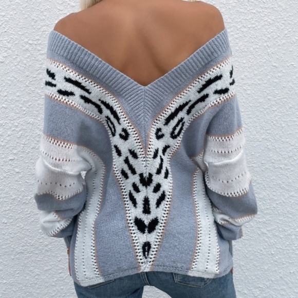 Blue White Leopard Print Off Shoulder Oversized Light Sweater - Picture 2 of 6
